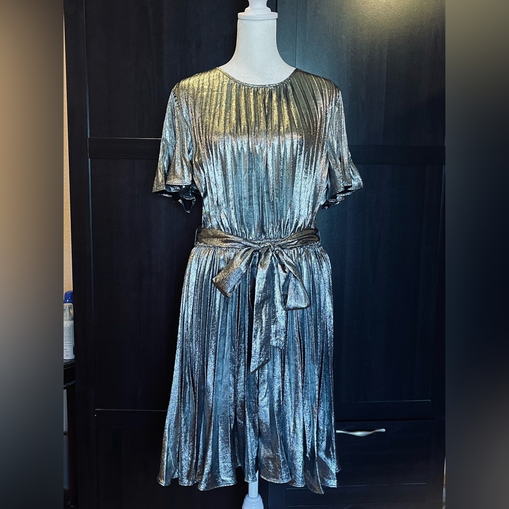 Sam Edelman silver metallic pleated dress. Short sleeve stretchy waist. Midi. 12